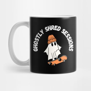 Ghostly shred sessions. Cute Halloween ghost skateboarding Mug